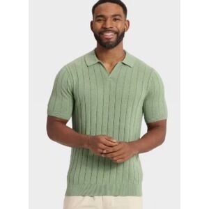 Premium Men's Small Green Ribbed Knit Polo Shirt Short Sleeve Slim Fit Sweater